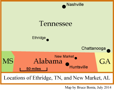 Map showing locations of Ethridge,TN, and New Market, AL