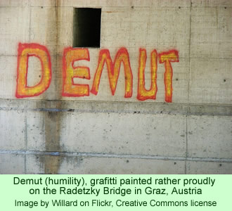Humility (Demut), grafitti painted on a bridge in Austria