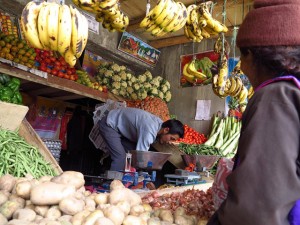 A vegetable and fruit vendor in his stall in Padum