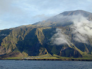 The Settlement and the relatively level area it is on are dwarfed by the mountainous island of Tristan da Cunha