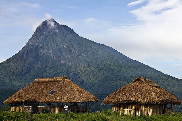 The Bukima Patrol Post camp for tourists, with Mt. Mikeno looming behind it, in Virunga National Park about 20 km. north of Goma 