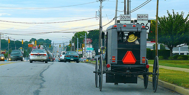 An Amish buggy heading for Lancaster City on U.S. Route 30 