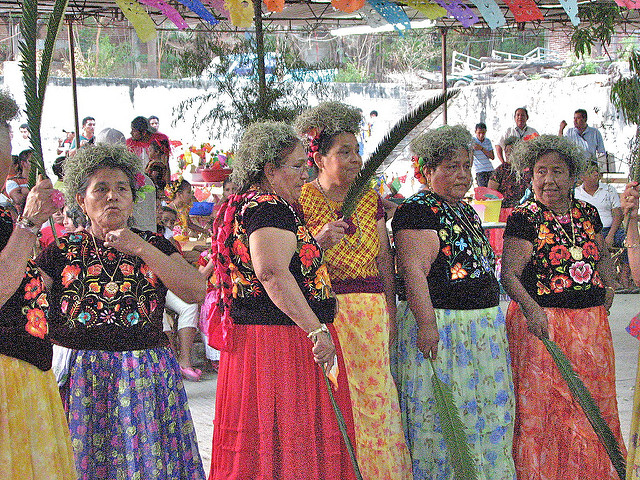 Some Zapotec women of Tehuantepec assemble for a palm dance 