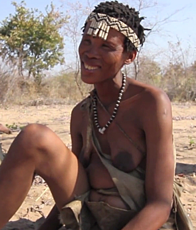 A Ju/’hoansi woman wearing a beautiful headband that includes store-bought beads as well as traditional ones 
