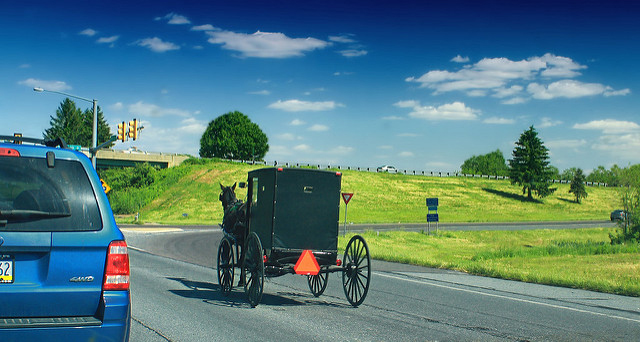Amish buggy at a highway interchange in Ephrata Township, Lancaster County 