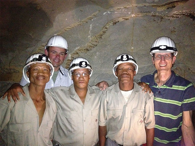 The three Ju/'hoansi trackers were photographed at another cave; from left, Ui Kxunta, Andreas Pastoors, Tsamkxao Ciqae, Thui Thao, Tilman Lenssen-Erz 