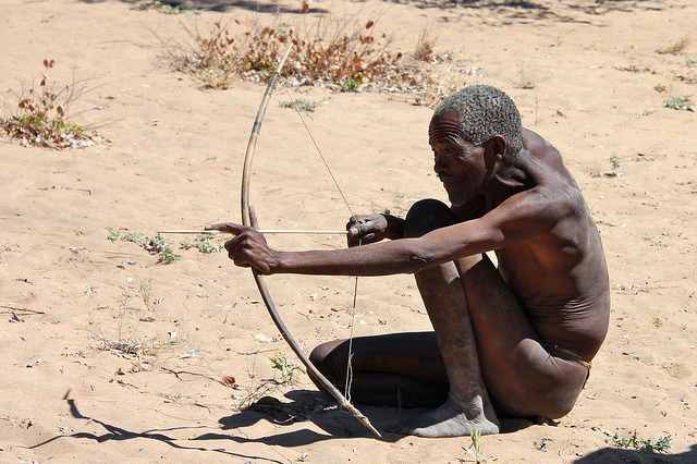 A Ju/’hoansi hunter practicing the use of a bow and arrow at Xaoba village in the Nyae Nyae Conservancy 
