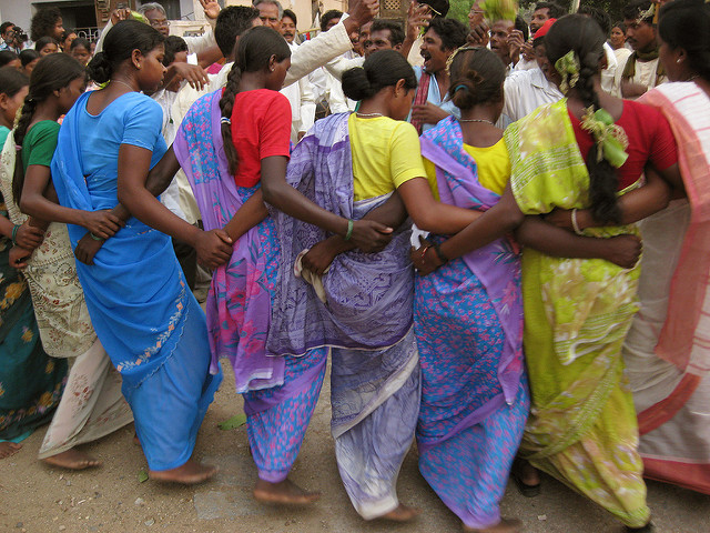 A group of Adivasi (tribal) women dancing at a festival in Jharkhand state 