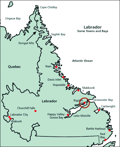 A map of Labrador showing Rigolet, circled, on the Hamilton Inlet 
