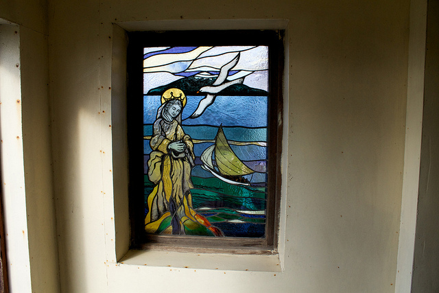 The albatross stained glass window in St. Joseph’s Catholic Church 