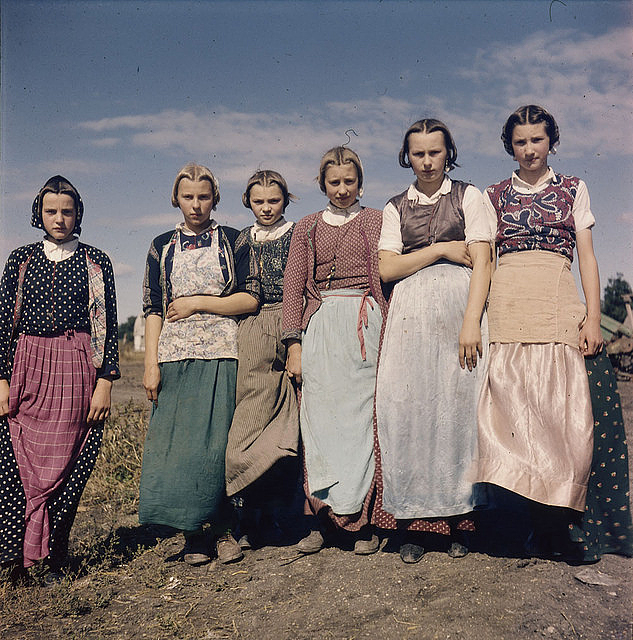 A group of young Hutterite women photographed in 1954 in Headingley, Manitoba 