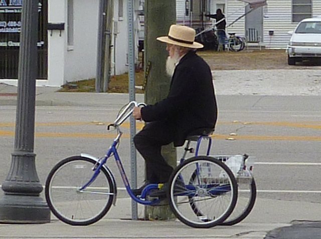 An Amish man riding a tricycle in Sarasota, Florida 