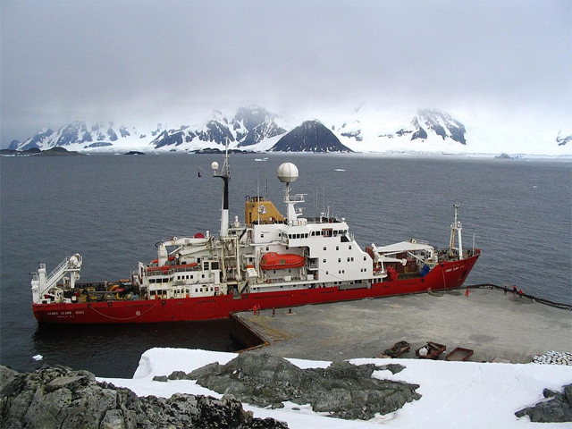 The British research ship the RRS James Clark Ross, tied up in Antarctica 
