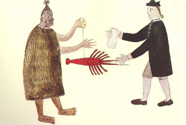 A drawing by Tupaia of a Maori man and Joseph Banks trading a piece of cloth for a crayfish 
