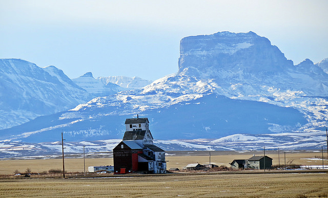 A grain elevator on land owned by a Hutterite colony near Cardston, Alberta, just south of Lethbridge 