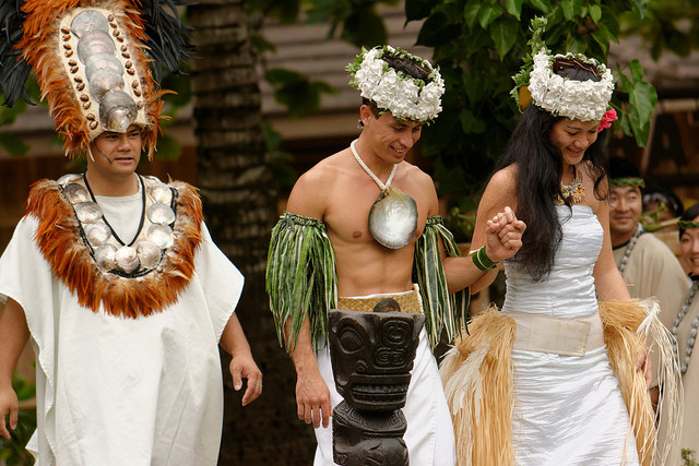 A Tahitian wedding ceremony held at the Polynesian Cultural Center in Hawaii 