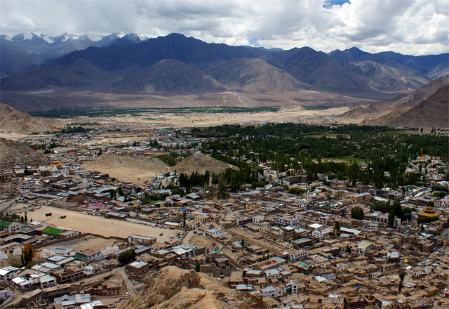 A view of Leh from a nearby hill showing the rectangular Polo Ground in the lower left corner 