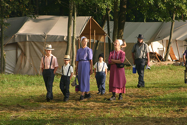 An Amish family taking a morning stroll near Rochester, Indiana 