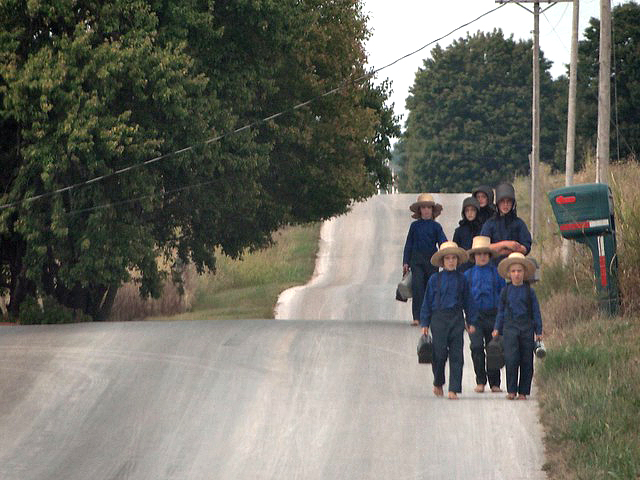 Amish kids walking home from school in Orange County, Indiana
