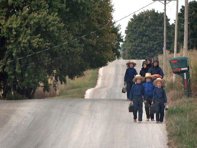 Amish kids walking home from school in Orange County, Indiana 