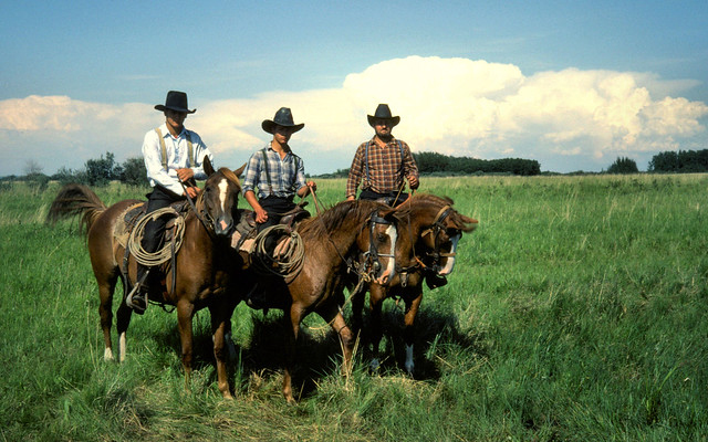 Hutterites on horseback in Alberta, 1982 