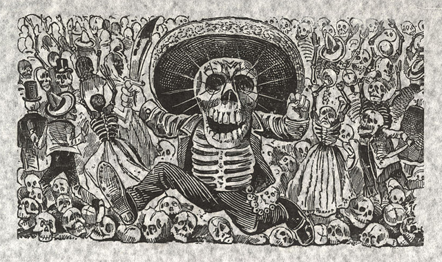 Relief etching from Oaxaca of a death figure dated before 1910 