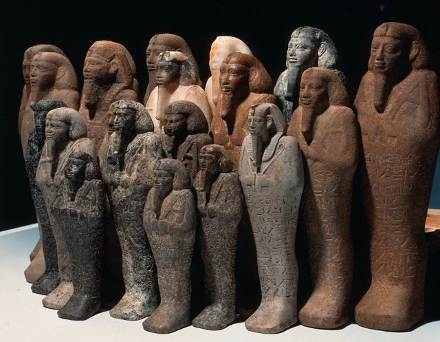 Shawabtys, funerary figurines placed in the tomb of King Taharqa, 690 – 664 BCE, in the MFA 