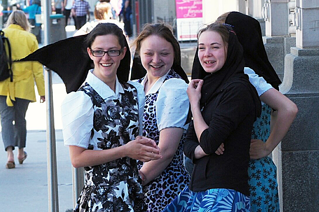 Young Hutterite women hanging out on a Winnipeg street